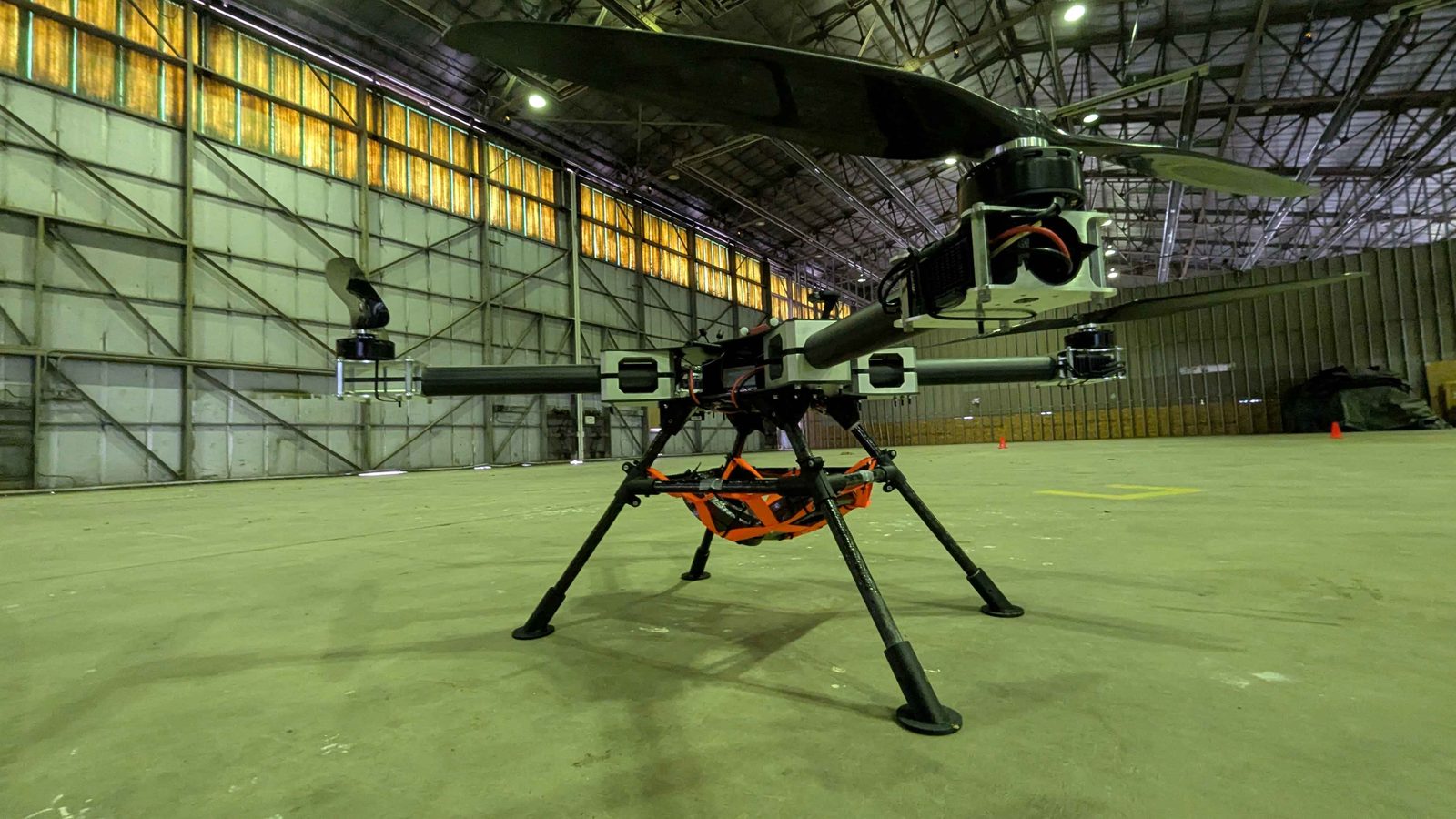 The prototype during preflight in the hangar