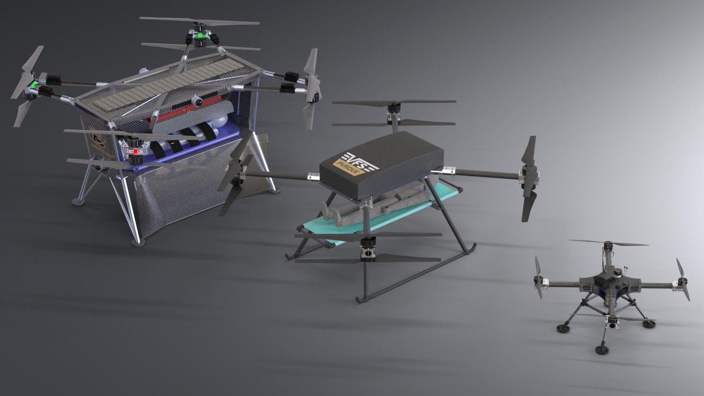 CAD renders of the full-scale HEART aircraft and two smaller prototypes
