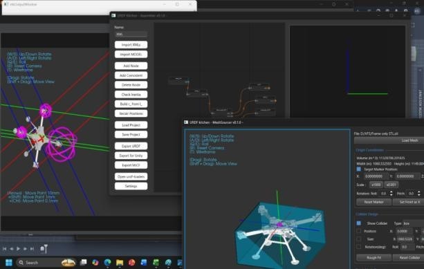 Robotics development tools showing a simulated multirotor and its coordinate frames